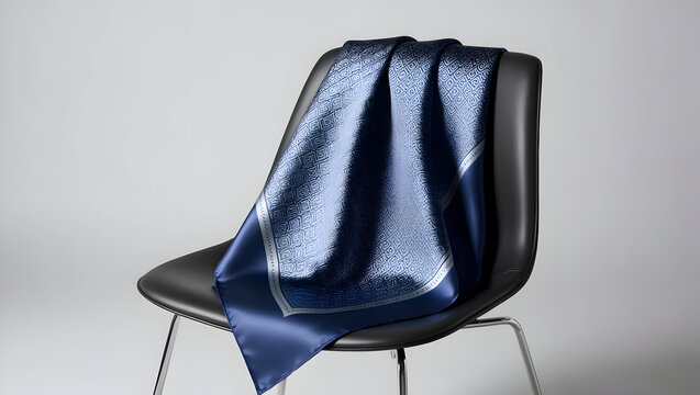 A stylish, patterned silk handkerchief with a subtle sheen, draped over a sleek chair