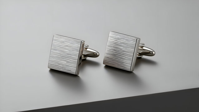 A luxurious, silver-plated cufflinks with a subtle texture, placed on a sleek surface