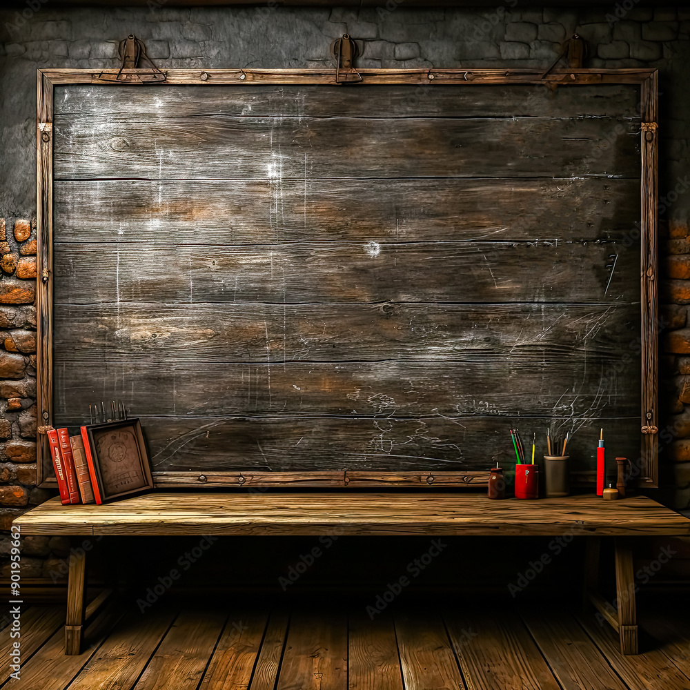 Poster a bookcase with an open book in front of a school chalkboard.
