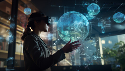 Innovative woman engaging with virtual reality technology in modern office environment