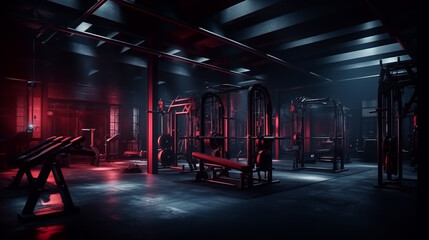 Naklejka premium Modern gym interior with heavy weights illuminated by red lights in a cinematic atmosphere