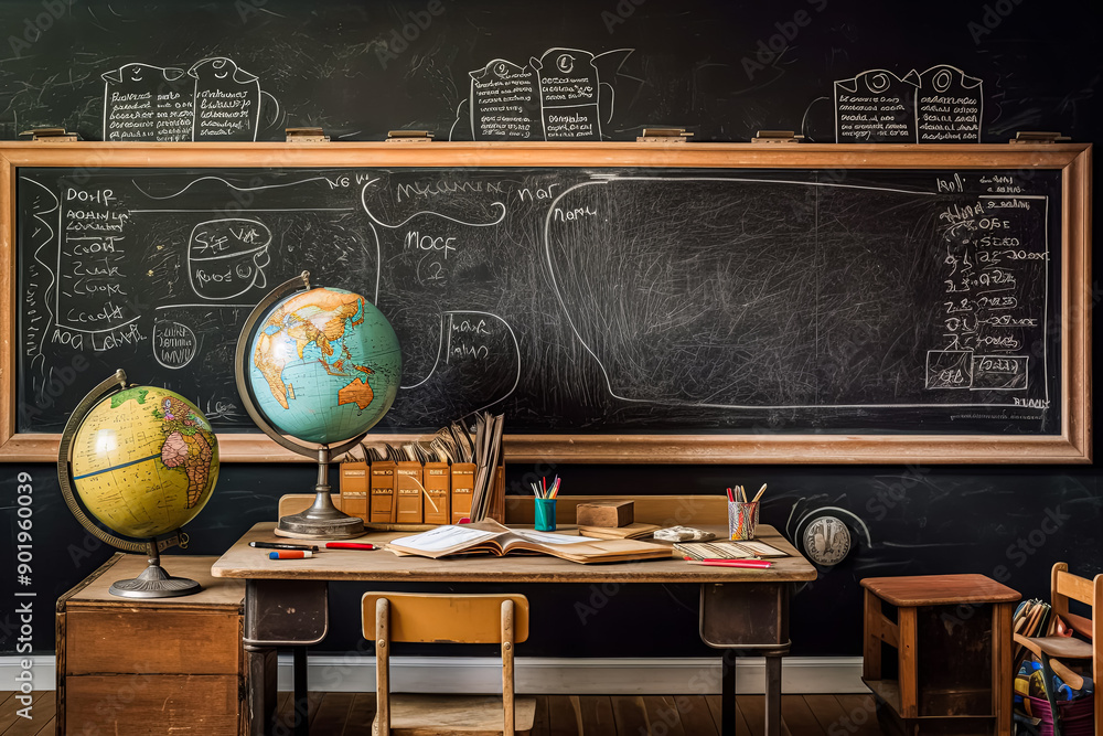 Poster a chalkboard classroom with a globe and a few other items.