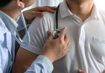 Doctor listening to patient's heart during medical checkup in clinic office