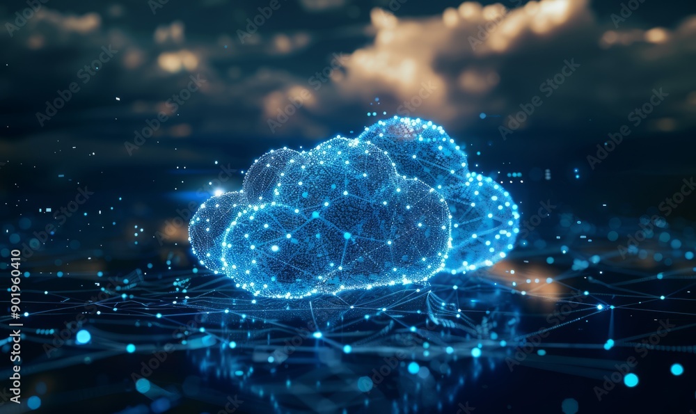 Poster data transfer cloud computing technology concept. there is a large prominent cloud icon in the cente