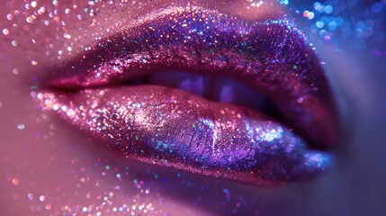 Close-up of lips adorned with pink and purple glitter makeup, set against a sparkling background....