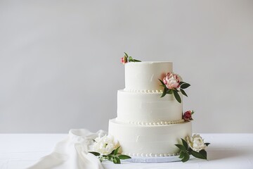 Pastel de boda de tres pisos, inspiración de tarta blanca con flores de boda