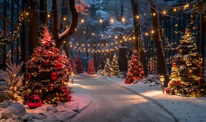 Obraz premium Illuminated christmas trees forest in on a snowy night close to christmas red garlands and golden decorations in an artificial stage at twilight