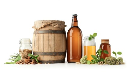 Home Brewing Setup with Bottles and Barrel