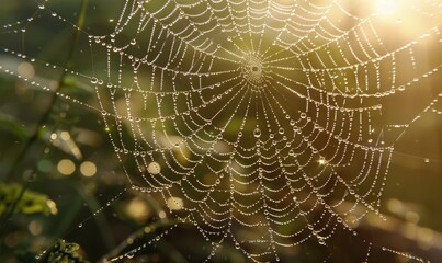 Fototapeta premium Intricate spider web glistening with morning dew, showcasing nature's precision and artistry