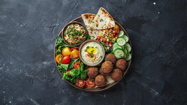Colorful Vegetarian Mediterranean Platter with Hummus and Fresh Vegetables