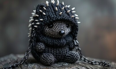 Fototapeta premium knitted black hedgehog with metal spikes, chains, zippers