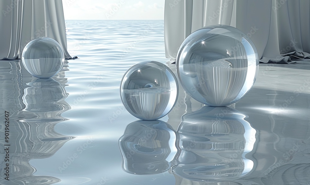 Poster dynamic 3d rendering illustration of sphere glass with rainbow colorful reflections composition.