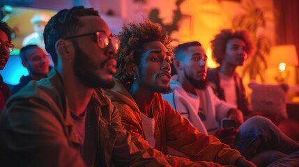 Group of friends watching tv sporting event at home