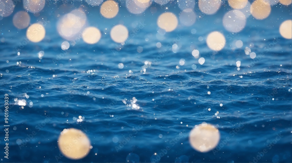 Poster a captivating image of deep blue water reflecting a myriad of twinkling lights, creating a magical a