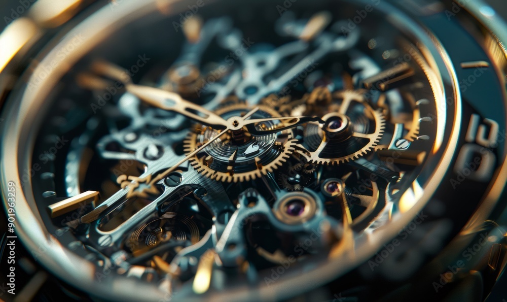 Poster macro shot of intricate watch mechanism, revealing mechanical precision and craftsmanship