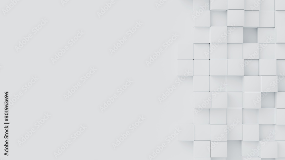 Poster white cubes with random size on white backdrop. a place for text on the left. abstract 3d render ill