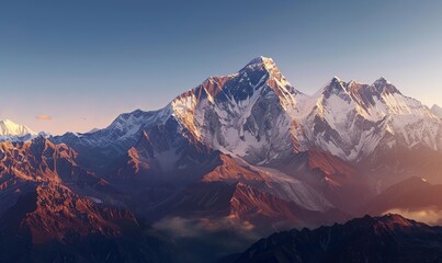 Fototapeta premium Majestic mountain range bathed in the warm glow of sunrise, with snow-capped peaks and clear blue skies