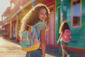 A happy girl with curly hair wearing a backpack in a lively setting. The colorful background highlights her joyful demeanor.