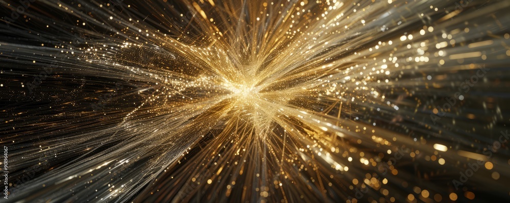 Poster metallic threads woven into a shimmering, abstract starburst pattern, combining texture and light fo