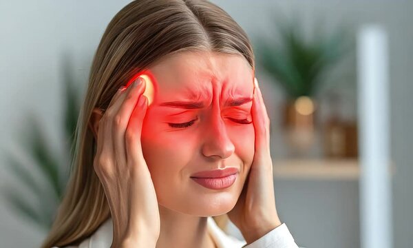 young woman with a sinus headache showing red area where congestion is located