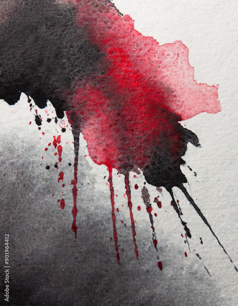 Poster dynamic abstract watercolor. bold red and black ink splatters on textured white canvas. vertical ban