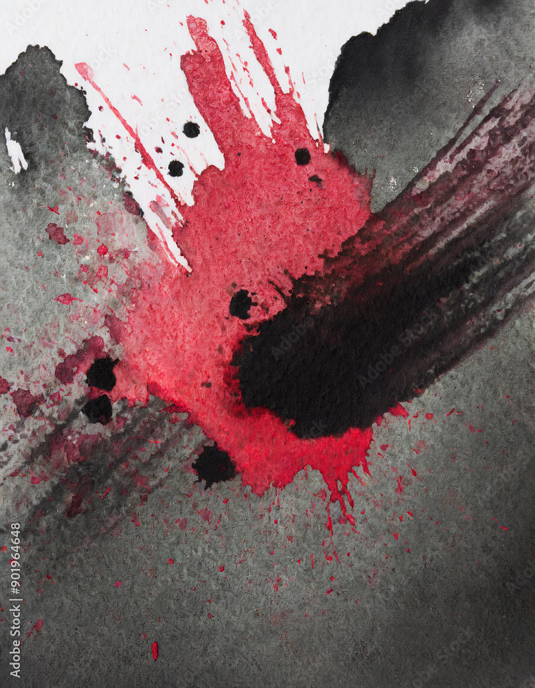 Poster dynamic abstract watercolor. bold red and black ink splatters on textured white canvas. vertical ban