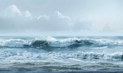 Fototapeta premium Minimalist seascape capturing the essence of ocean waves with gentle brushstrokes and a limited color palette, inviting viewers into a serene maritime scene