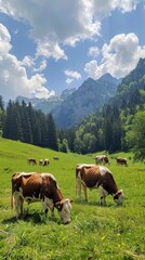 A herd of cows graze in a lush green field