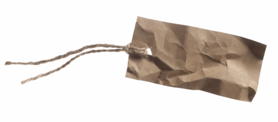 Blank crumpled cardboard price tag tied with string isolated on white background, top view
