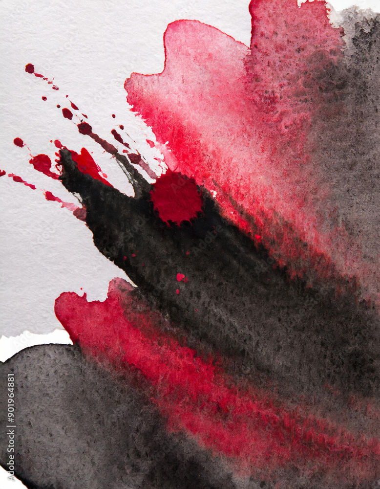 Poster dynamic abstract watercolor. bold red and black ink splatters on textured white canvas. vertical ban