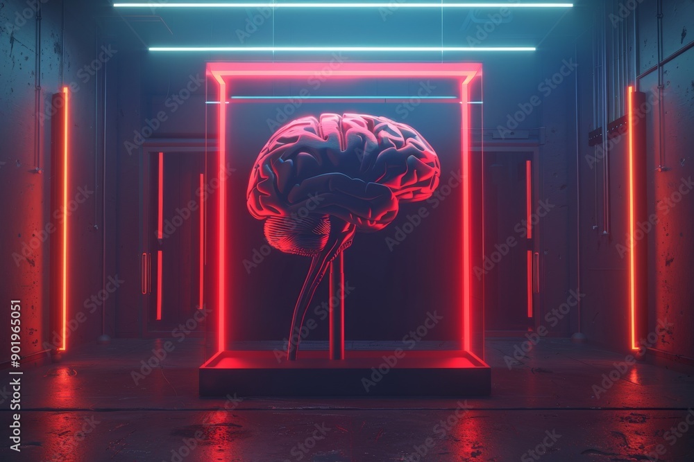 Wall mural Neon brain in a glowing red frame representing advanced technology and creativity