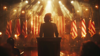 Female politician delivering speech at political meeting with american flags