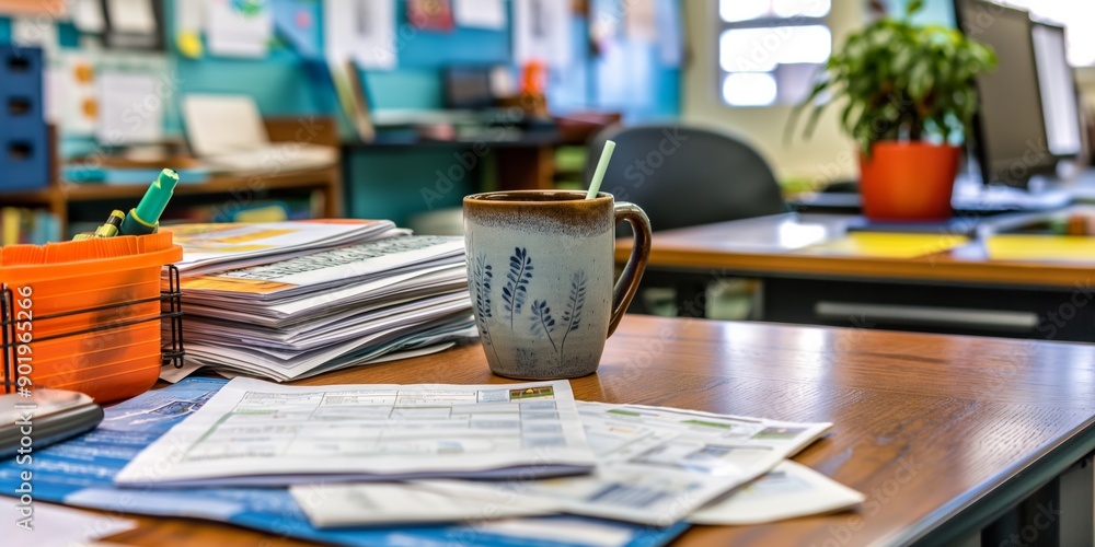 Poster a desk with a mug of coffee and a stack of papers. the mug is on a table with a plant in the backgro