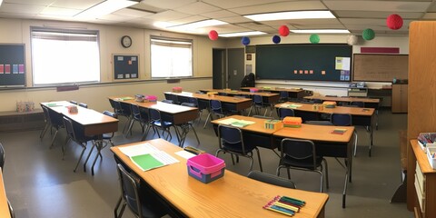 A classroom with many desks and chairs. The desks are arranged in rows and the chairs are placed in front of them. There are many books on the desks and a clock on the wall