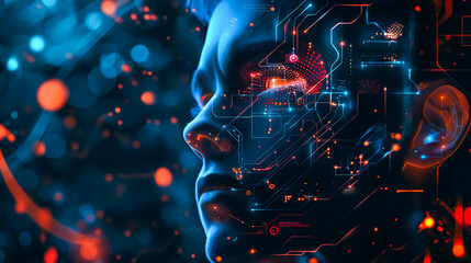 Futuristic Digital Interface, Abstract Background. Technology, Business, Finance, Science. High Tech Holographic Virtual Display, Intuitive User Experience, Data Analysis, Innovation, Work, Success
