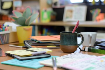A messy desk with a mug of coffee and a pen. The desk is cluttered with papers and notebooks, and a potted plant sits on the left side. Concept of busyness and disorganization