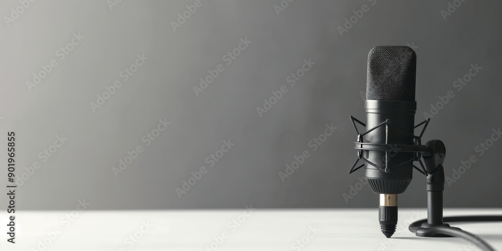 Poster a microphone is on a table with a grey background. the microphone is black and has a black cord