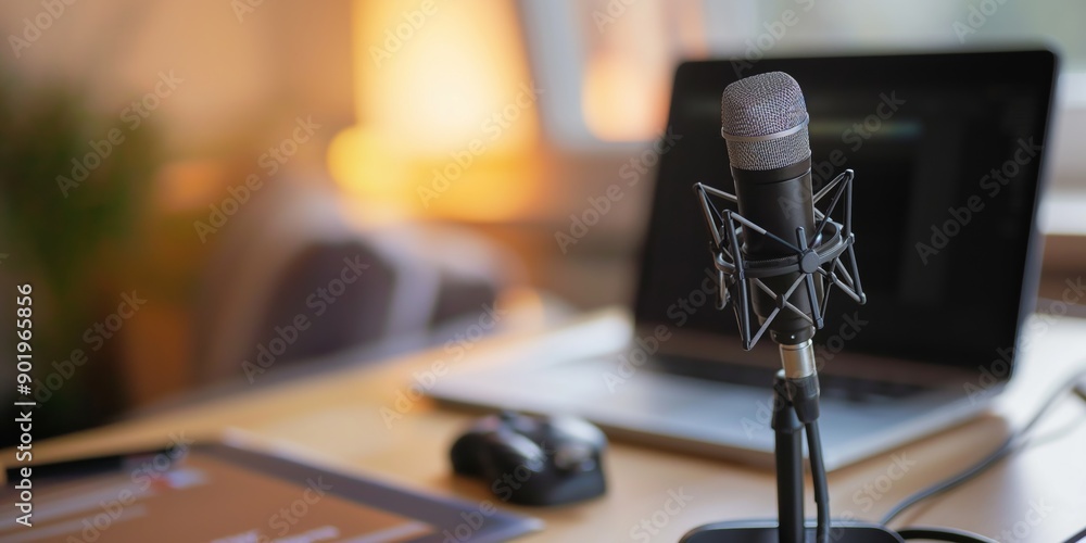 Poster a microphone is on a desk next to a laptop. the microphone is black and silver and is placed on a st