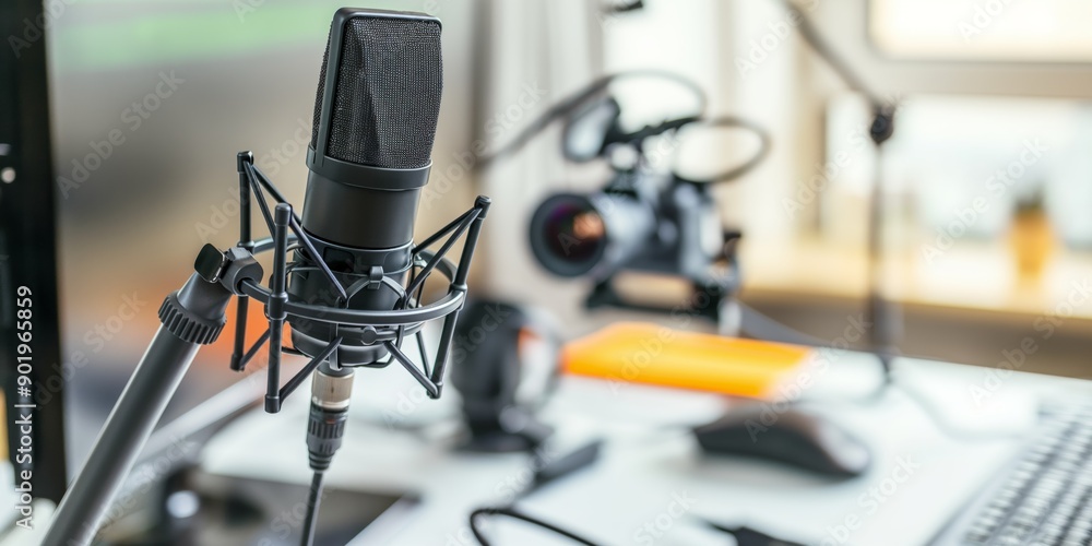 Poster a microphone is on a desk with a keyboard and mouse