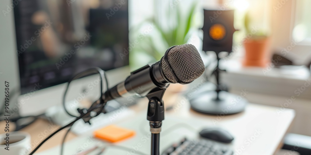 Aufkleber a microphone is on a desk next to a computer monitor. the microphone is black and has a silver cord.