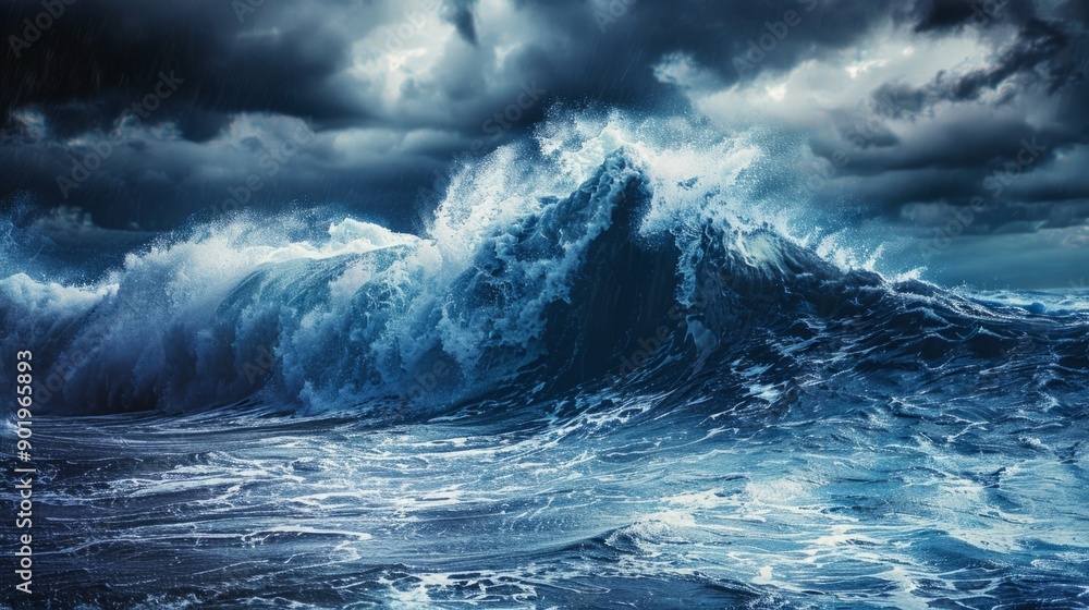 Poster a large wave is crashing into the ocean, creating a powerful and dynamic scene