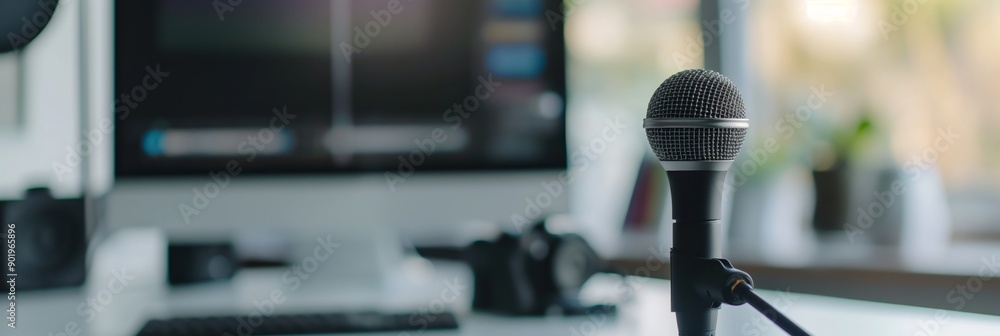 Aufkleber a microphone is on a desk next to a computer monitor. the microphone is black and silver. the desk i