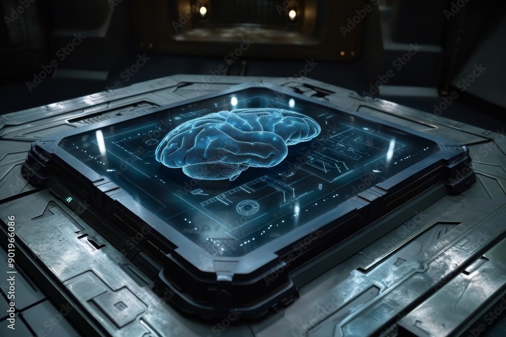 Poster futuristic brain interface on a digital circuit board symbolizing advanced technology and neural con
