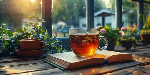 National Read a Book Day open book with a cup of tea, September 6th