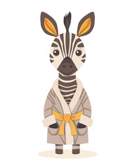 cute cartoon zebra wearing a bathrobe clipart flat vector illustration  isolated on a white background. safari wall art