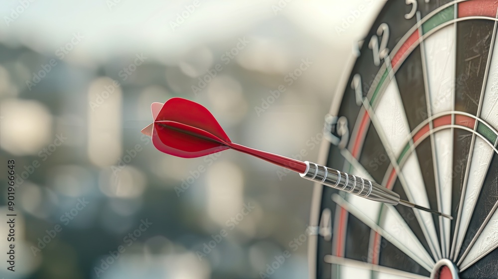 Poster a red dart strikes the bullseye of a dartboard with a city backdrop during the late afternoon light