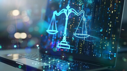 Digital law scale on a laptop, representing corporate trade licenses and governance compliance information for remote legal support and online business regulation