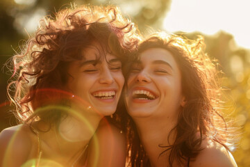 Obraz premium Two Happy Young Women Laughing Outdoors in Sunlight