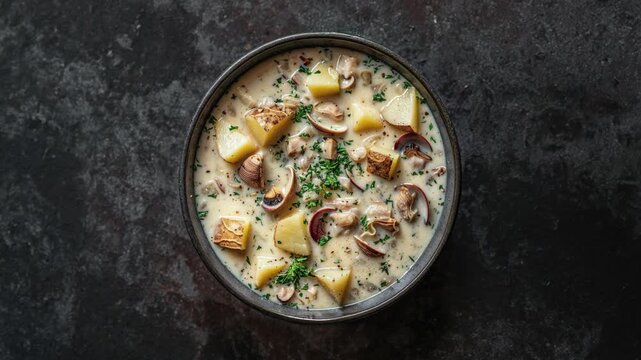 Delicious Creamy Clam Chowder Soup with Potatoes and Herbs