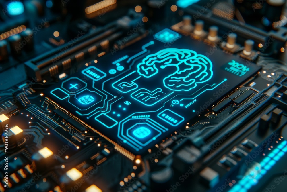 Poster brain model with blue circuitry on a digital circuit board symbolizing advanced technology and conne
